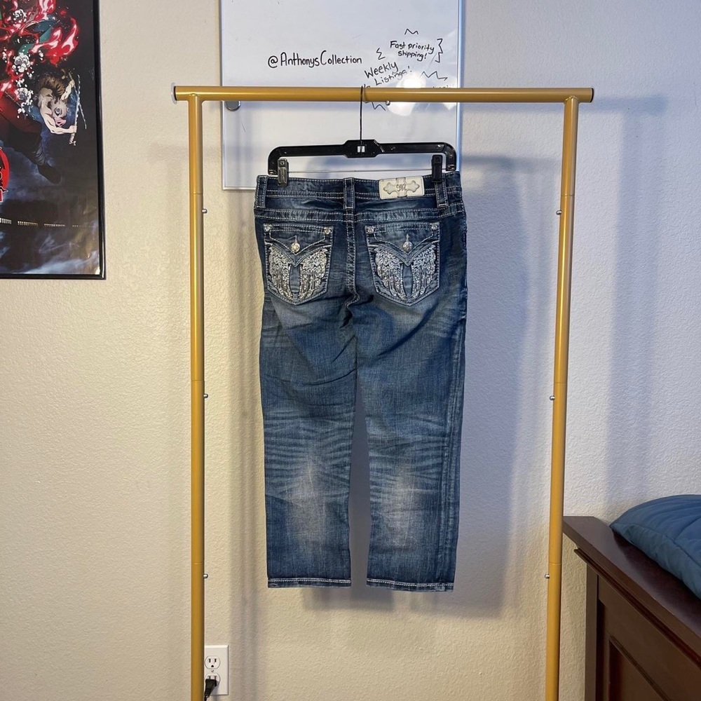 Miss me rhinestone wings mid rise crop jeans